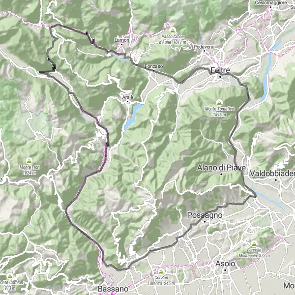 Miniatura mapy "Trasa szosowa przez malownicze wioski w okolicach Pederobba" - trasy rowerowej w Veneto, Italy. Wygenerowane przez planer tras rowerowych Tarmacs.app