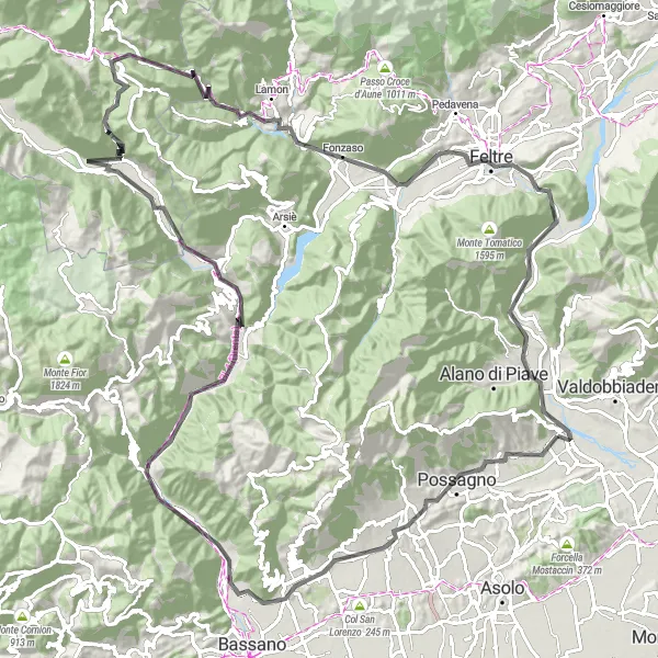 Miniatura della mappa di ispirazione al ciclismo "Esplorazione in bicicletta tra Possagno e Fonzaso" nella regione di Veneto, Italy. Generata da Tarmacs.app, pianificatore di rotte ciclistiche