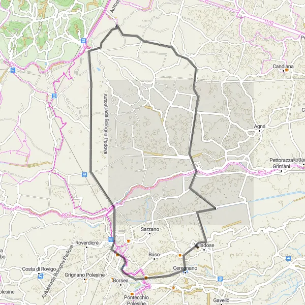 Miniature de la carte de l'inspiration cycliste "Tour de la Campagne Vénitienne" dans la Veneto, Italy. Générée par le planificateur d'itinéraire cycliste Tarmacs.app