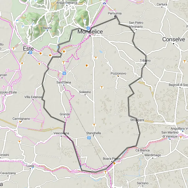 Miniatura della mappa di ispirazione al ciclismo "Itinerario in bicicletta da Pernumia a Monselice" nella regione di Veneto, Italy. Generata da Tarmacs.app, pianificatore di rotte ciclistiche