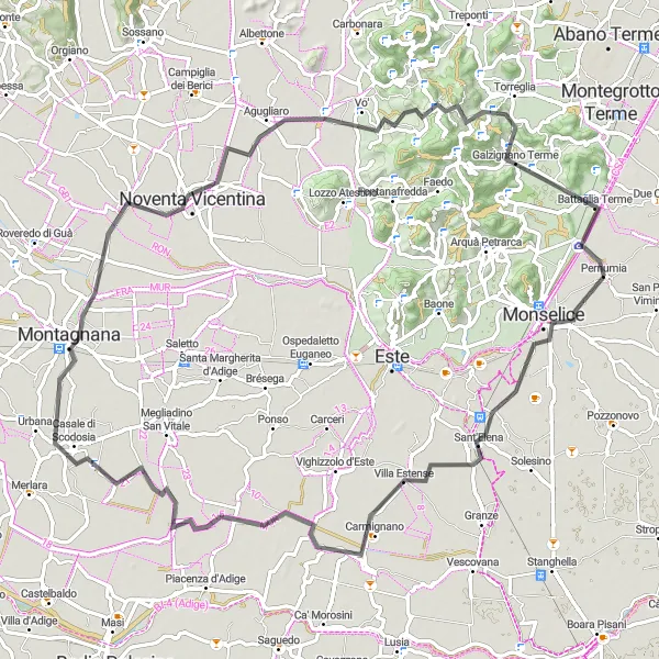 Miniatura della mappa di ispirazione al ciclismo "Tour in bicicletta da Pernumia a Galzignano Terme" nella regione di Veneto, Italy. Generata da Tarmacs.app, pianificatore di rotte ciclistiche
