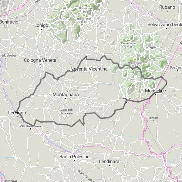 Miniature de la carte de l'inspiration cycliste "Tour de la Rocca et des Villages Médiévaux" dans la Veneto, Italy. Générée par le planificateur d'itinéraire cycliste Tarmacs.app