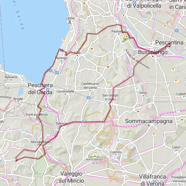 Miniatura della mappa di ispirazione al ciclismo "Esplorazione in gravel tra i borghi sul Garda" nella regione di Veneto, Italy. Generata da Tarmacs.app, pianificatore di rotte ciclistiche