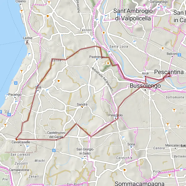 Map miniature of "Hidden Beauty in Gravel: Pescantina to Bussolengo" cycling inspiration in Veneto, Italy. Generated by Tarmacs.app cycling route planner