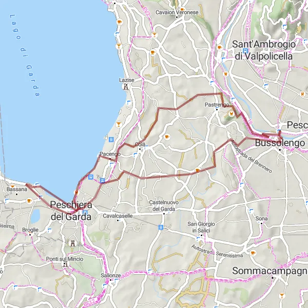 Miniatura della mappa di ispirazione al ciclismo "Alla scoperta del Lago di Garda in Gravel" nella regione di Veneto, Italy. Generata da Tarmacs.app, pianificatore di rotte ciclistiche