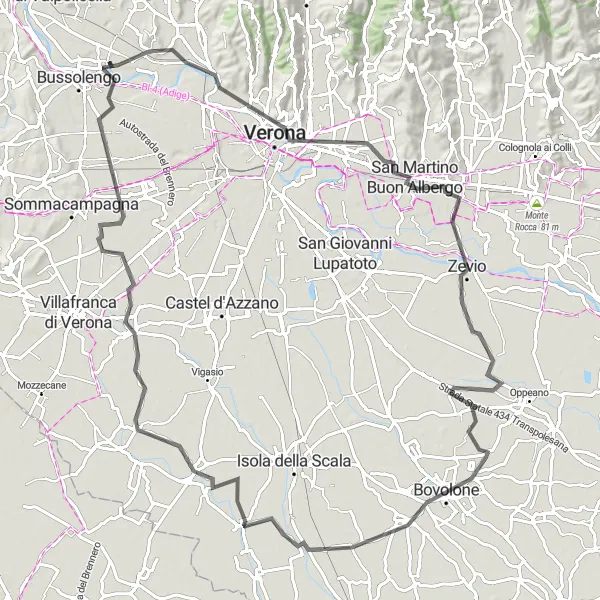 Miniaturní mapa "Cyklovýlet kolem Verony" inspirace pro cyklisty v oblasti Veneto, Italy. Vytvořeno pomocí plánovače tras Tarmacs.app