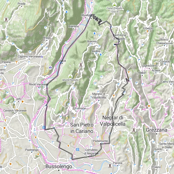 Miniaturní mapa "Kulturní cyklistická trasa kolem Valpolicelly" inspirace pro cyklisty v oblasti Veneto, Italy. Vytvořeno pomocí plánovače tras Tarmacs.app