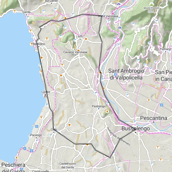 Karttaminiaatyyri "Rentouttava kierros Veronan viinitarhojen keskellä" pyöräilyinspiraatiosta alueella Veneto, Italy. Luotu Tarmacs.app pyöräilyreittisuunnittelijalla