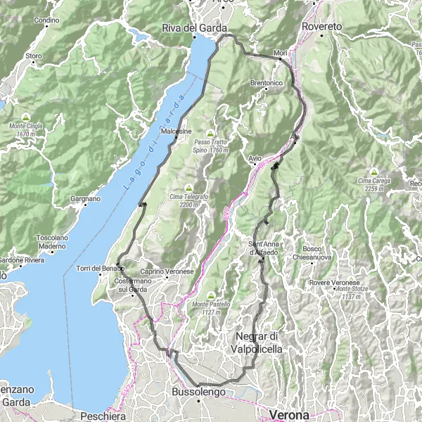 Miniatura della mappa di ispirazione al ciclismo "Tour in bicicletta sul Lago di Garda e le montagne circostanti" nella regione di Veneto, Italy. Generata da Tarmacs.app, pianificatore di rotte ciclistiche