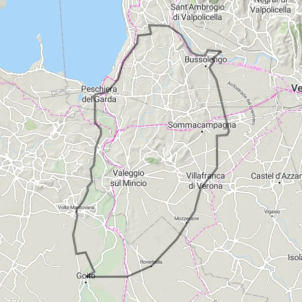 Map miniature of "The Road to Mozzecane: A Scenic Cycling Journey" cycling inspiration in Veneto, Italy. Generated by Tarmacs.app cycling route planner