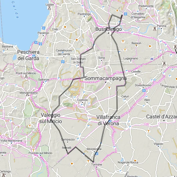 Miniatuurkaart van de fietsinspiratie "Veronaanse wegtocht naar Valeggio sul Mincio" in Veneto, Italy. Gemaakt door de Tarmacs.app fietsrouteplanner