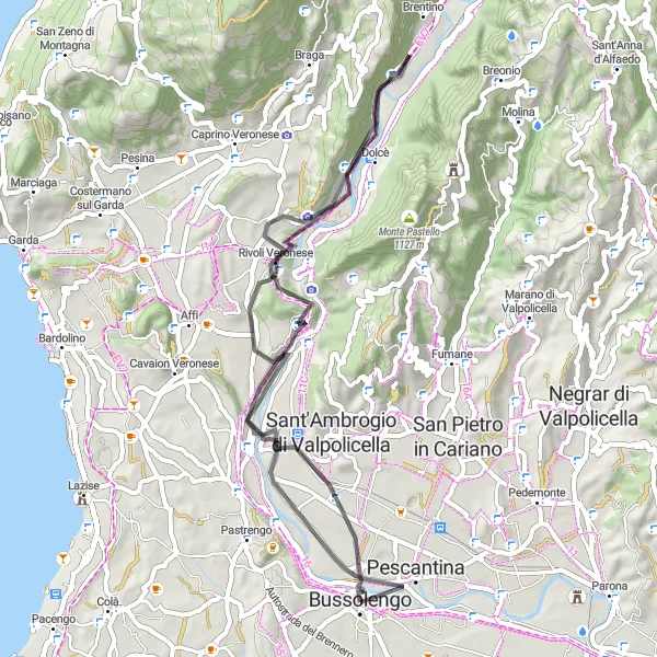 Mapa miniatúra "Cyklotúra okolo Pescantina cez Bussolengo a Rivoli Veronese" cyklistická inšpirácia v Veneto, Italy. Vygenerované cyklistickým plánovačom trás Tarmacs.app