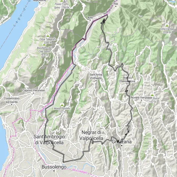 Map miniature of "Valpolicella and Lessinia" cycling inspiration in Veneto, Italy. Generated by Tarmacs.app cycling route planner