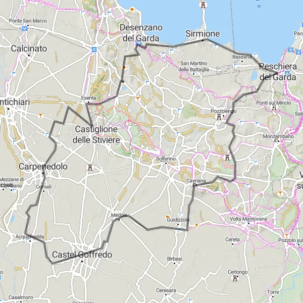 Miniatura della mappa di ispirazione al ciclismo "Giro in bici su strada attraverso Cavriana e Sirmione" nella regione di Veneto, Italy. Generata da Tarmacs.app, pianificatore di rotte ciclistiche