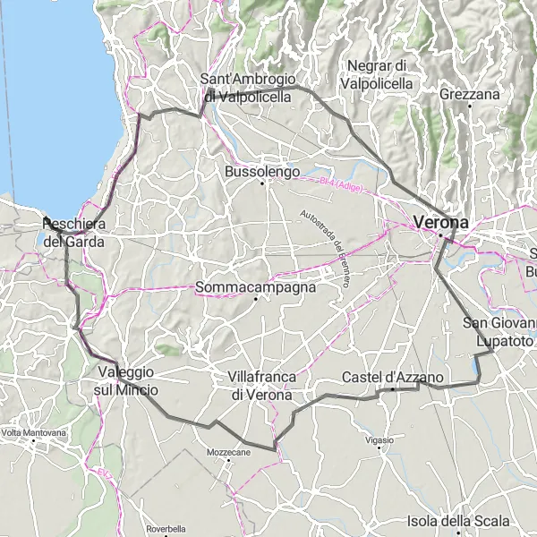 Miniature de la carte de l'inspiration cycliste "Parcours à travers les collines du Valpolicella et les plaines verdoyantes" dans la Veneto, Italy. Générée par le planificateur d'itinéraire cycliste Tarmacs.app