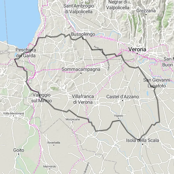 Mapa miniatúra "Cestná trasa cez Bussolengo a San Giovanni Lupatoto" cyklistická inšpirácia v Veneto, Italy. Vygenerované cyklistickým plánovačom trás Tarmacs.app