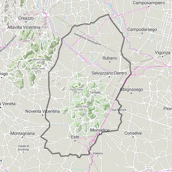 Kartminiatyr av "Lantliga landskap och historiska sevärdheter" cykelinspiration i Veneto, Italy. Genererad av Tarmacs.app cykelruttplanerare