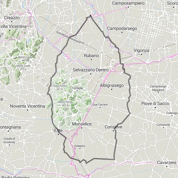 Kartminiatyr av "Historiska byggnader och pittoreska byar" cykelinspiration i Veneto, Italy. Genererad av Tarmacs.app cykelruttplanerare