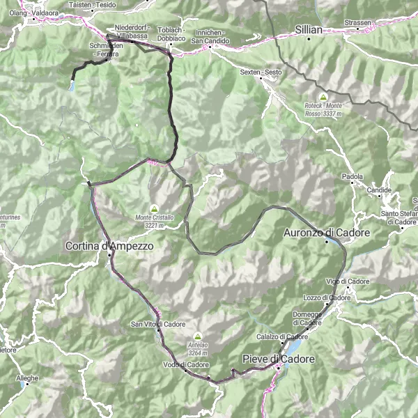 Miniatua del mapa de inspiración ciclista "Ruta panorámica a través de los Alpes Venecianos" en Veneto, Italy. Generado por Tarmacs.app planificador de rutas ciclistas