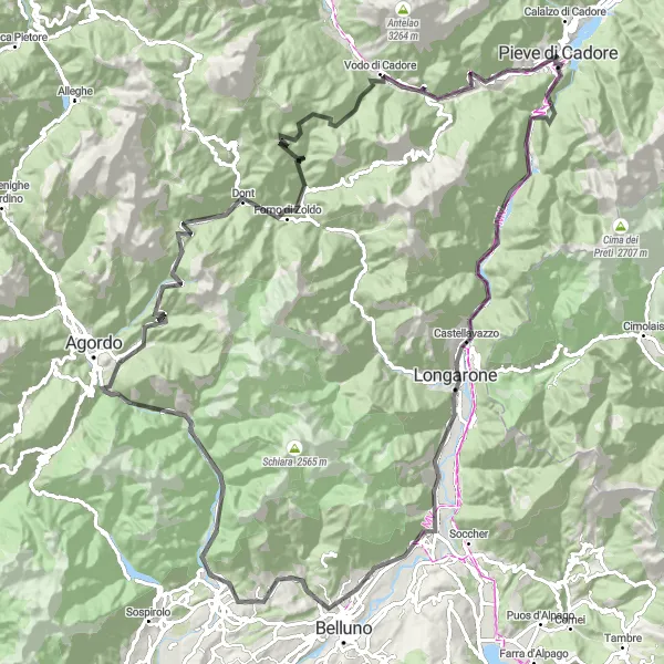 Map miniature of "Pieve di Cadore - Dolomiti Selvagge" cycling inspiration in Veneto, Italy. Generated by Tarmacs.app cycling route planner