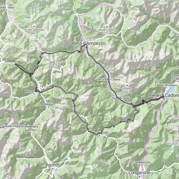 Miniatua del mapa de inspiración ciclista "Ruta desafiante a través de las montañas de los Dolomitas" en Veneto, Italy. Generado por Tarmacs.app planificador de rutas ciclistas