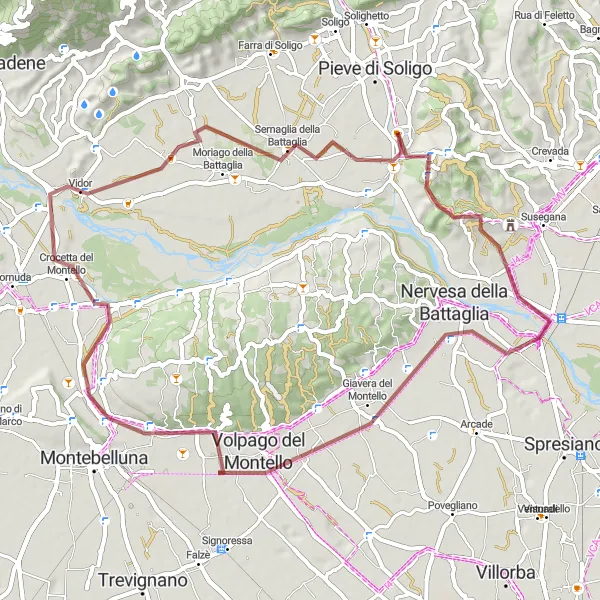 Karten-Miniaturansicht der Radinspiration "Kurzer Schotterrausflug von Pieve di Soligo" in Veneto, Italy. Erstellt vom Tarmacs.app-Routenplaner für Radtouren