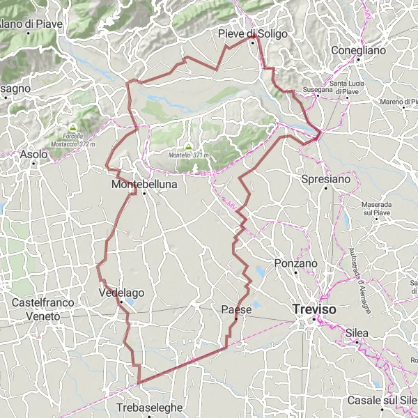 Kartminiatyr av "Montello Gravel Adventure" cykelinspiration i Veneto, Italy. Genererad av Tarmacs.app cykelruttplanerare