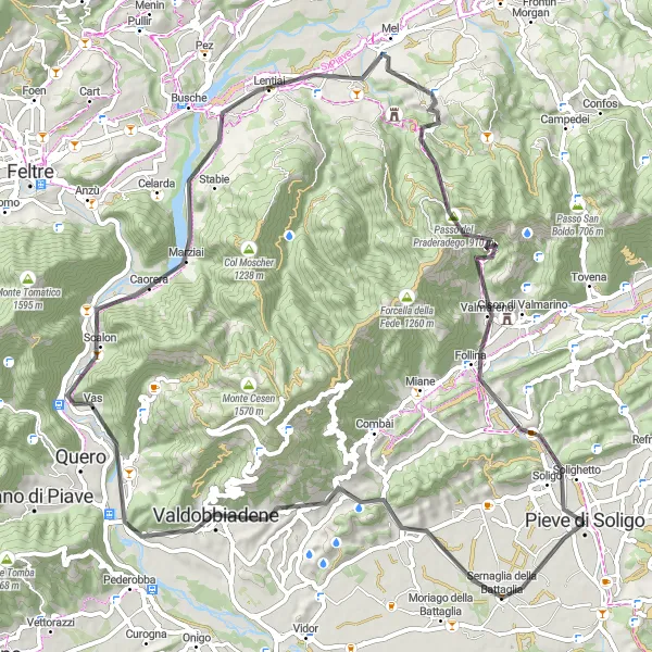 Miniatuurkaart van de fietsinspiratie "Ontdekkingstocht door Sernaglia della Battaglia" in Veneto, Italy. Gemaakt door de Tarmacs.app fietsrouteplanner