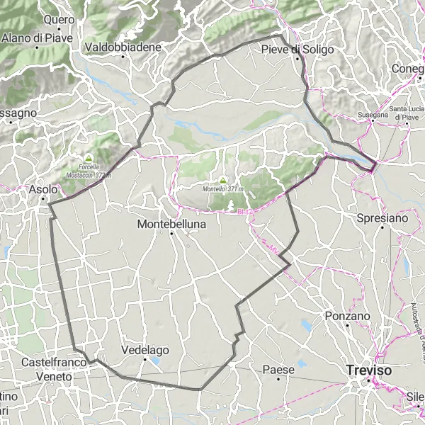 Miniatua del mapa de inspiración ciclista "Ruta de Nervesa della Battaglia y Cornuda" en Veneto, Italy. Generado por Tarmacs.app planificador de rutas ciclistas