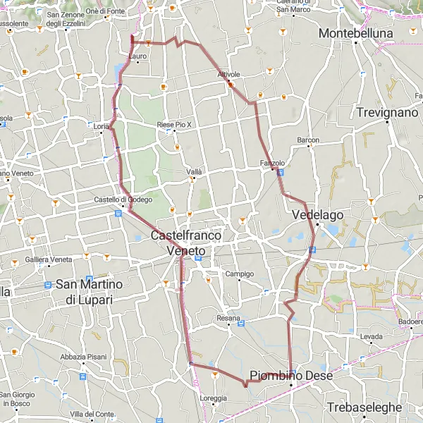 Miniaturní mapa "Gravelová cyklotrasa okolo Piombino Dese" inspirace pro cyklisty v oblasti Veneto, Italy. Vytvořeno pomocí plánovače tras Tarmacs.app