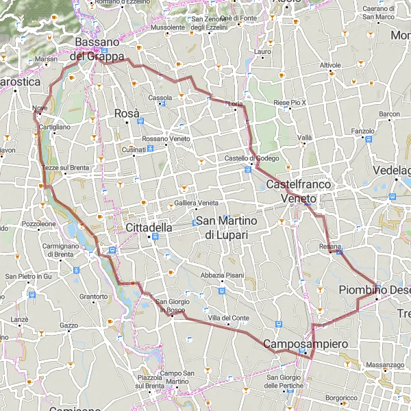 Map miniature of "Bassano del Grappa Gravel Trail" cycling inspiration in Veneto, Italy. Generated by Tarmacs.app cycling route planner