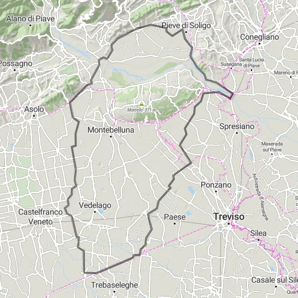Kartminiatyr av "Nervesa della Battaglia Route" sykkelinspirasjon i Veneto, Italy. Generert av Tarmacs.app sykkelrutoplanlegger