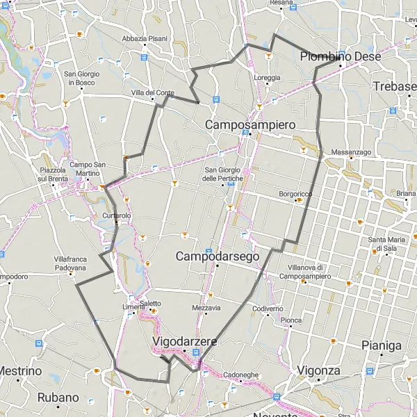 Miniaturní mapa "Kolečko kolem Piombino Dese" inspirace pro cyklisty v oblasti Veneto, Italy. Vytvořeno pomocí plánovače tras Tarmacs.app