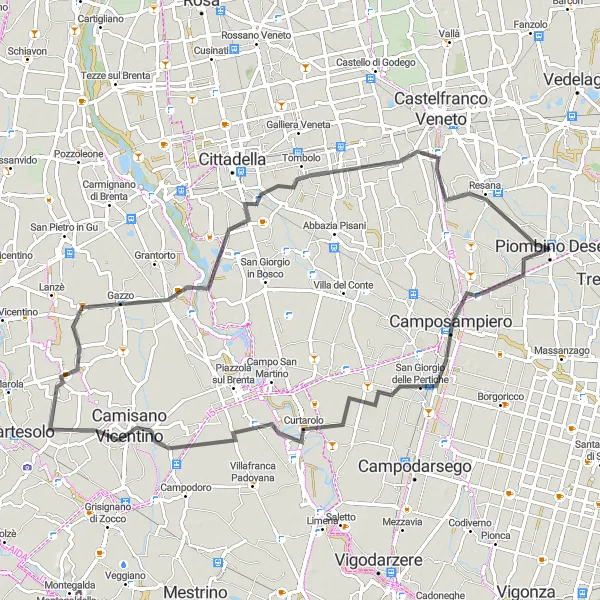 Kartminiatyr av "Kulturell roadtrip runt Piombino Dese" cykelinspiration i Veneto, Italy. Genererad av Tarmacs.app cykelruttplanerare