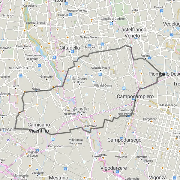 Miniatura della mappa di ispirazione al ciclismo "Esperienza ciclistica tra le colline del Veneto" nella regione di Veneto, Italy. Generata da Tarmacs.app, pianificatore di rotte ciclistiche