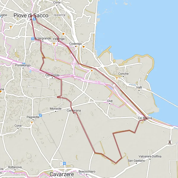 Miniaturní mapa "Gravelový okruh kolem Piove di Sacco-Piovega" inspirace pro cyklisty v oblasti Veneto, Italy. Vytvořeno pomocí plánovače tras Tarmacs.app