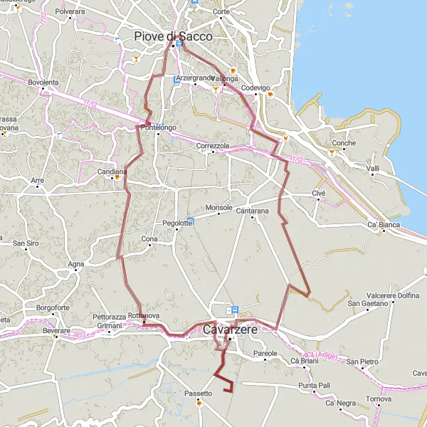Mapa miniatúra "Gravel cyklistická trasa okolo Piove di Sacco-Piovega" cyklistická inšpirácia v Veneto, Italy. Vygenerované cyklistickým plánovačom trás Tarmacs.app