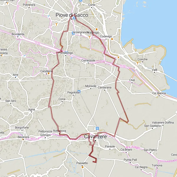 Miniaturní mapa "Gravelový okruh s výhledy kolem Piove di Sacco-Piovega" inspirace pro cyklisty v oblasti Veneto, Italy. Vytvořeno pomocí plánovače tras Tarmacs.app