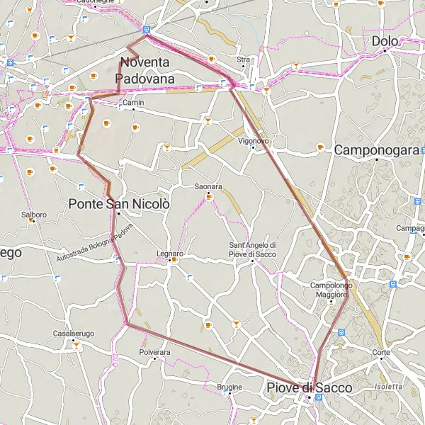Miniaturní mapa "Gravelová cyklotrasa okolo Piove di Sacco-Piovega" inspirace pro cyklisty v oblasti Veneto, Italy. Vytvořeno pomocí plánovače tras Tarmacs.app