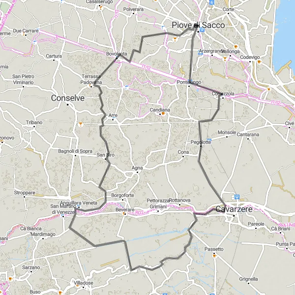 Miniaturní mapa "Kolem Piove di Sacco-Piovega" inspirace pro cyklisty v oblasti Veneto, Italy. Vytvořeno pomocí plánovače tras Tarmacs.app