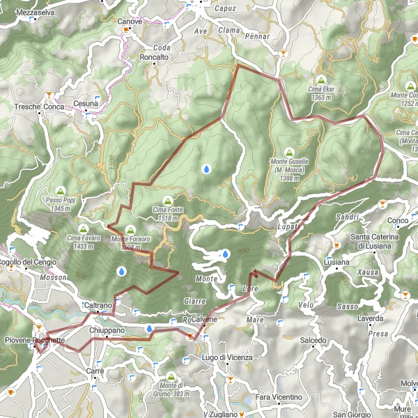 Miniatura della mappa di ispirazione al ciclismo "Percorso ciclabile su strade sterrate tra Piovene Rocchette e Corte Coraza" nella regione di Veneto, Italy. Generata da Tarmacs.app, pianificatore di rotte ciclistiche