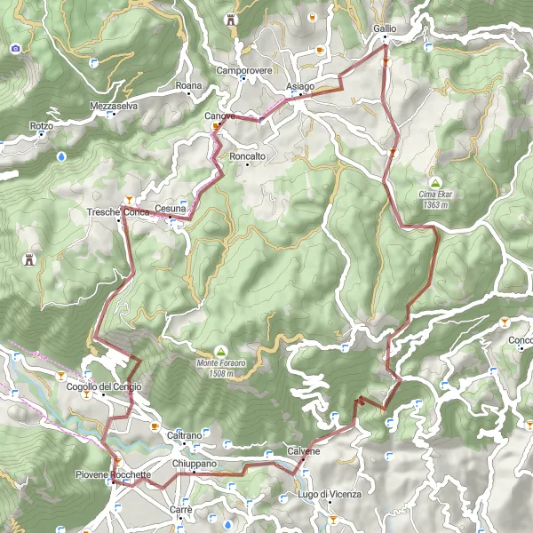 Miniatura della mappa di ispirazione al ciclismo "Itinerario in mountain bike tra Piovene Rocchette e Corte Coraza" nella regione di Veneto, Italy. Generata da Tarmacs.app, pianificatore di rotte ciclistiche