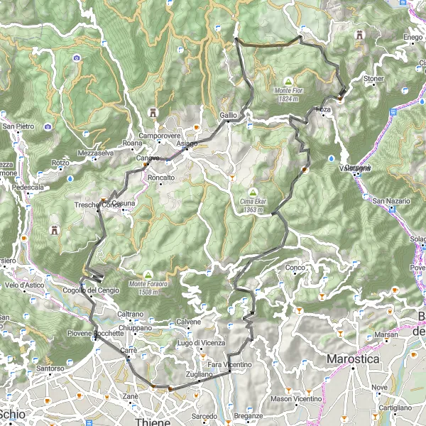 Miniaturní mapa "Výzva kolem Asiaga" inspirace pro cyklisty v oblasti Veneto, Italy. Vytvořeno pomocí plánovače tras Tarmacs.app