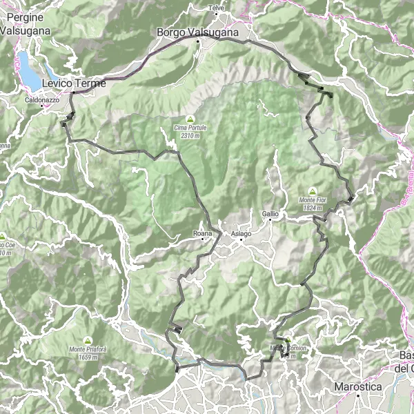Miniature de la carte de l'inspiration cycliste "Les montagnes de Veneto en vélo de route" dans la Veneto, Italy. Générée par le planificateur d'itinéraire cycliste Tarmacs.app