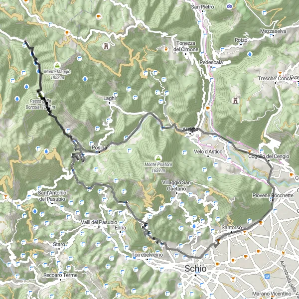 Kartminiatyr av "Vägcykling runt Piovene Rocchette: Kullar och passager" cykelinspiration i Veneto, Italy. Genererad av Tarmacs.app cykelruttplanerare