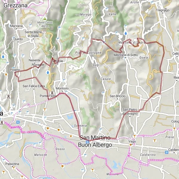 Map miniature of "Novaglie and San Martino Buon Albergo Gravel Route" cycling inspiration in Veneto, Italy. Generated by Tarmacs.app cycling route planner