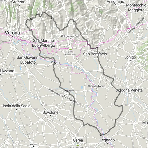 Miniatura della mappa di ispirazione al ciclismo "Avventura in bicicletta nella campagna vicino a Poiano" nella regione di Veneto, Italy. Generata da Tarmacs.app, pianificatore di rotte ciclistiche