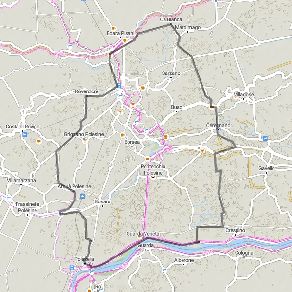 Map miniature of "The Polesella and Surrounding Villages Loop" cycling inspiration in Veneto, Italy. Generated by Tarmacs.app cycling route planner