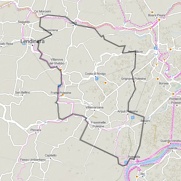Map miniature of "The Arquà Polesine Loop" cycling inspiration in Veneto, Italy. Generated by Tarmacs.app cycling route planner