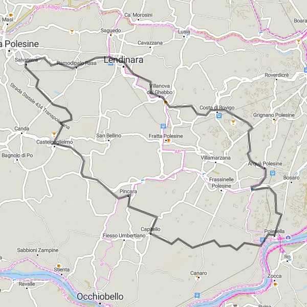 Miniatua del mapa de inspiración ciclista "Ruta de ciclismo de carretera cerca de Polesella" en Veneto, Italy. Generado por Tarmacs.app planificador de rutas ciclistas